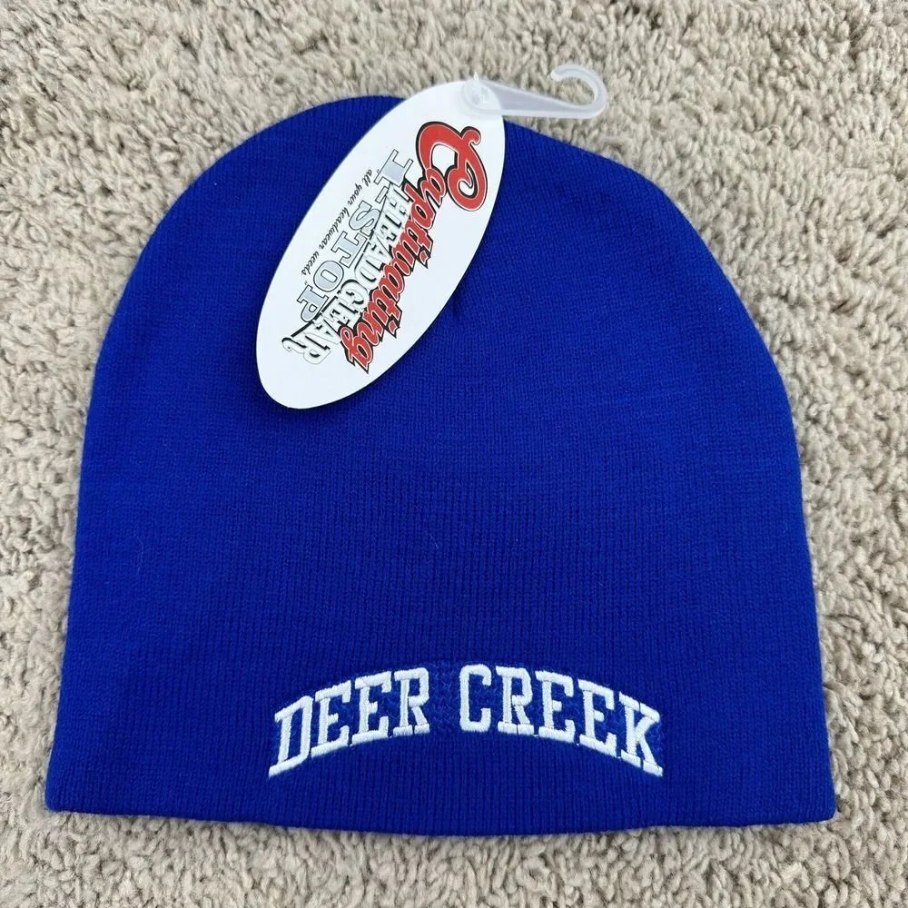 Deer Creek Antlers Beanie Royal Blue Arched White Spellout Cuffless Knit Cap NWT